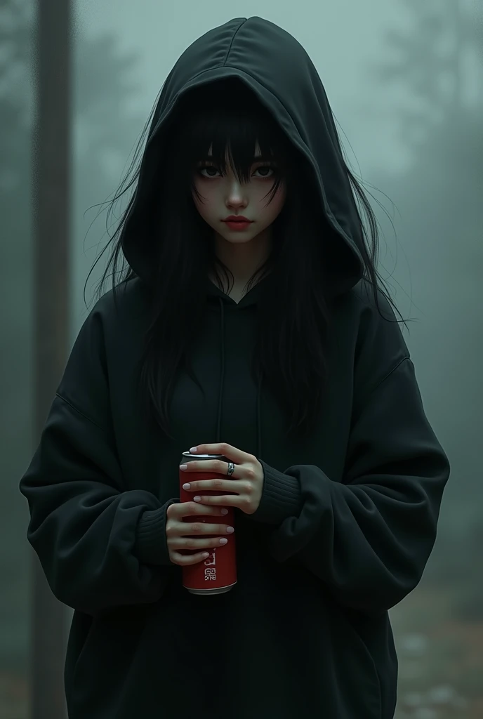 A fat girl with long black straight hair wearing a hazy black hoodie holding a cola