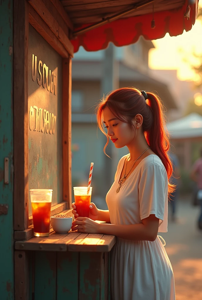 realistic photo photo shows a 23 year old Sundanese girl selling iced tea. She was wearing a knee-length white house dress, chubby, her hair was dyed slightly reddish, tied in a ponytail, wearing a necklace that said "ripto" She was in a simple booth that was marked "ES SUSU TETEH" in big letters and spelled correctly. Late afternoon atmosphere, illuminated by the setting sun. very detail.