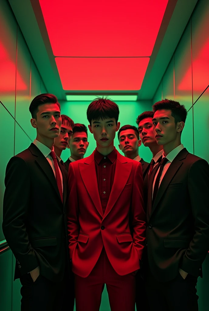 Five young men in formal company attire and one young man with black hair dressed in red, looking terrifying, are in an elevator bathed in neon red and green light. All the men's faces are expressionless, except for the boy in red, who is smiling eerily