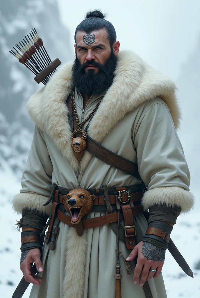 A character from Dungeons and Dragons who is a human ranger, is around 33 years old, Athletic, dark haired, dense beard and very white skin, between 1,80 and 1,91 meters high, has many tribal tattoos on his face and forehead, dresses in a large polar bear skin, the bear's skin still has the animal's head covering the human's head, You can still see the teeth in the bear's mouth, and light clothes to disguise yourself in the snow-white landscape, carries a bow and arrows on his back, has a dagger strapped to his waist. It has a necklace with a pendant in the shape of a bear carved in wood around its neck., rings on his fingers and has a hard, distant look