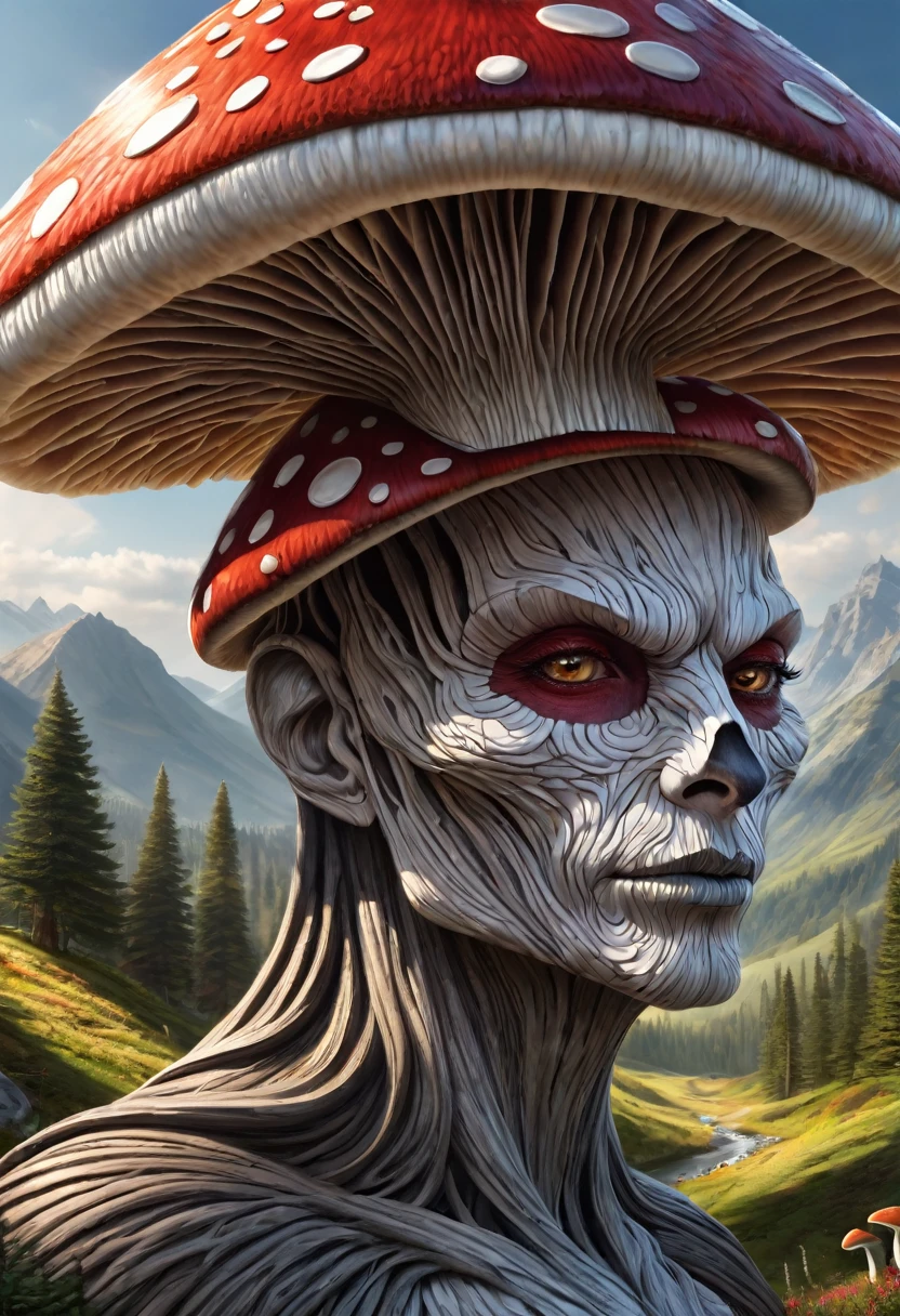 Anthropomorphic humanoid mushroom. Official Art – Charecter profile. An Award-Winning Digital Masterpiece In 4K Ultra HD, Extreme Detail And Intricate Realism. Symmetrical Face. This Concept Art Brought To Life By The Hands Of Artists Like Wlop & Artgerm In A Stunning 2D Vector Illustration.Background Is A Panoramic Vista.
