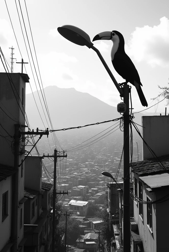 Make a realistic image with a 90s theme in black and white, where in the image there is a toucan on the streetlights and it is at the top of a Brazilian favela in Rio de Janeiro, make the toucan black and white