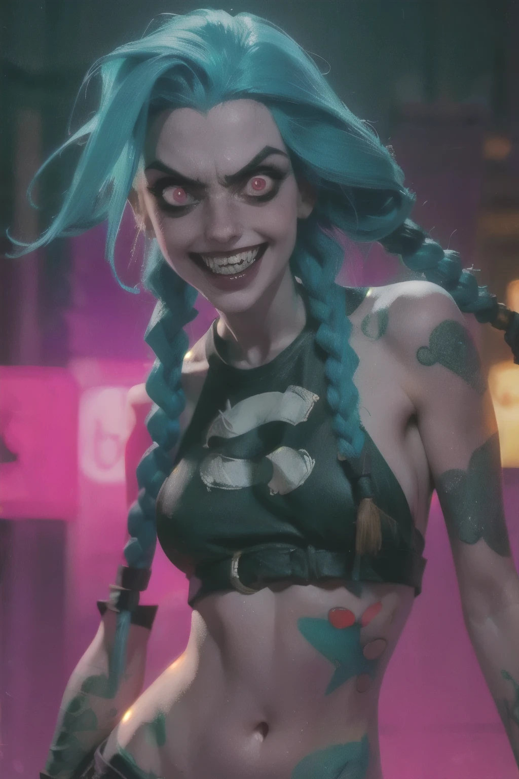 Close-up face, Hyper realistic super detailed Jinx cosplay ,(( Young girl, 15 years old)) , Very detailed, (hyper realistic: 1.4), in dynamic pose, angry face, twin braids, long hair, blue hair, red eyes, tattooed, ((skinny body)) , ((psycho face, creppy smiling )), arcane style. ((Grunge Neon grafitti background, cinematic lighting)).