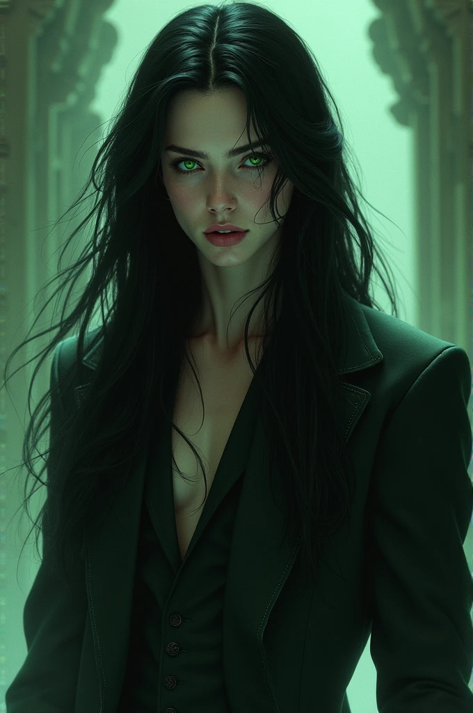 A male woth long black hair, lean body type, emerald green eyes, feminine features