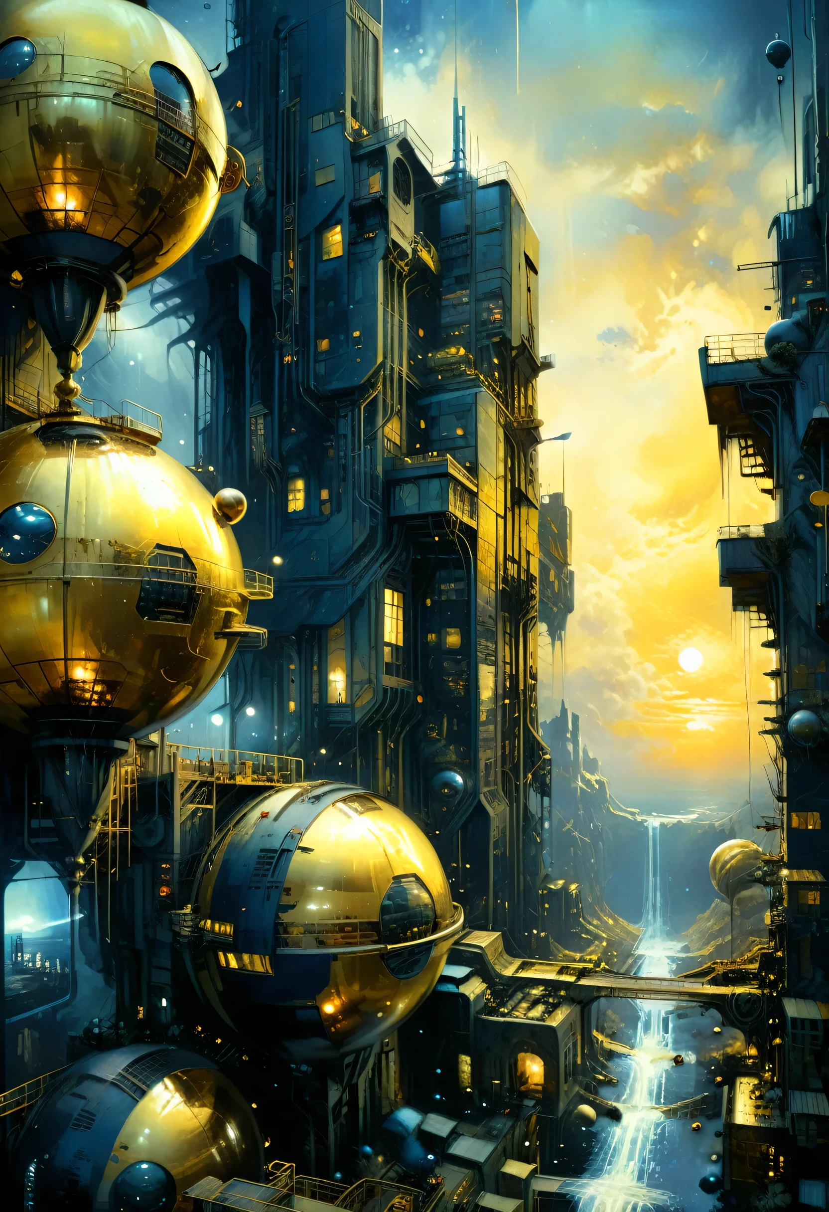 Futuristic high tech factory, cosmic company building, buildings on high tech ornaments, sunset, mysterious atmosphere, deep dark blue and golden yellow, 4D, 8K, photorealistic, dreamlike, big and complex composition storytelling, masterpiece, artwork by Bernie Wrightson, artwork by Jeremy Mann, Surrealism, Impressionism