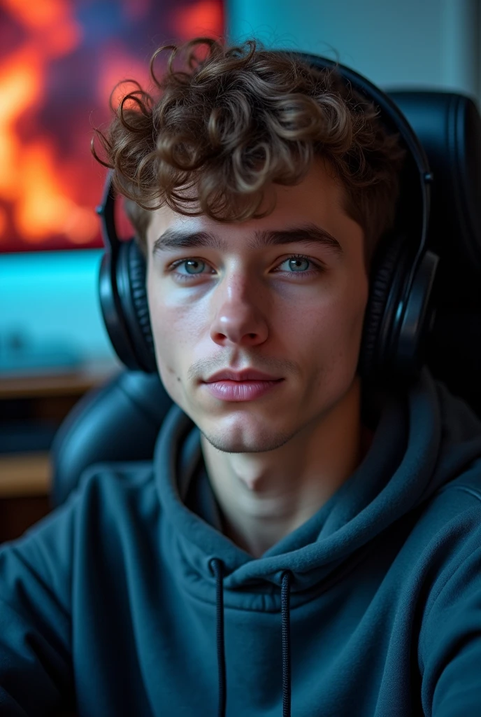 A photograph of a young man in his room sitting on a gaming chair, 19 years old, handsome, face detailed, looking at the camera, portraite, 8k hd, high qualiy