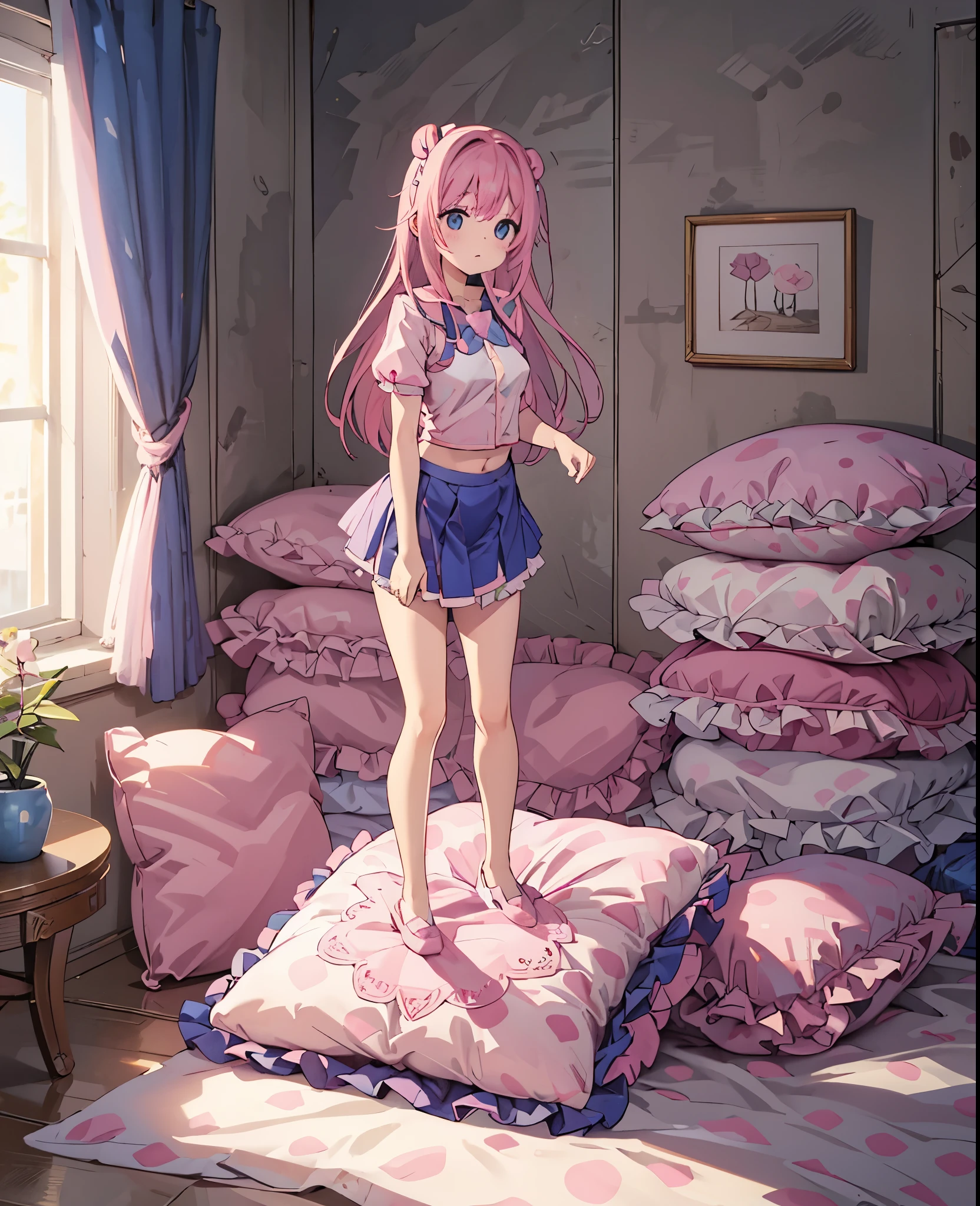 （best quality， masterpiece），full body, 1 girl, solo, mine ,nsfw, details, (Light and shadow oxtail , Cute girl posing on pillow ，standing on pillow，，（pillow), large pillow, (((colorful))), color correction, pink hair, frilled pillow,pink pillow, (((pink polkadot pillow))), (((blue uniform))), (((white skirt))), stocking, brown shoes, hugging pillow, 1 pillow