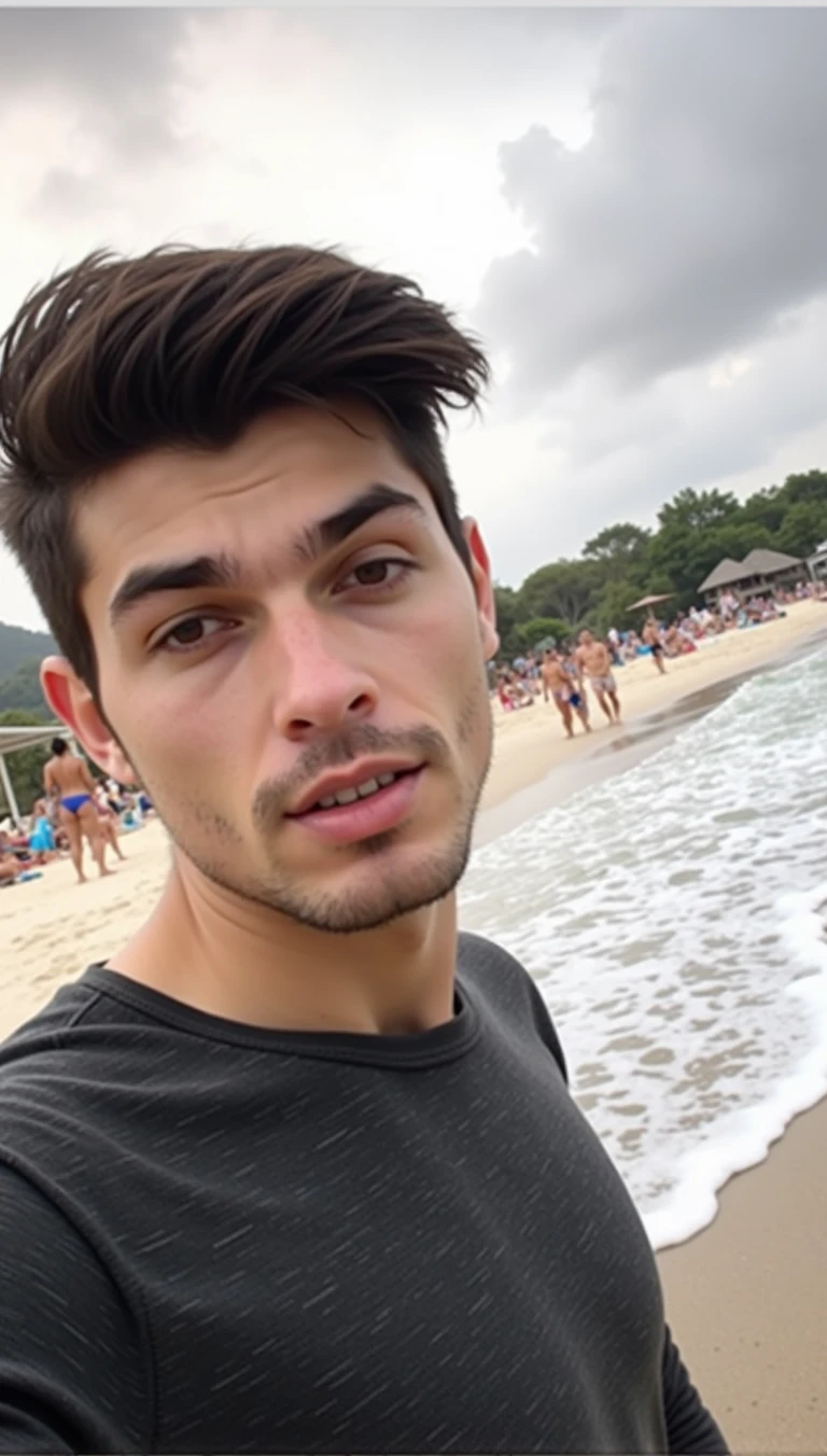 Make the guy in the image look muscular . He is on the beach and girls are surrounding him