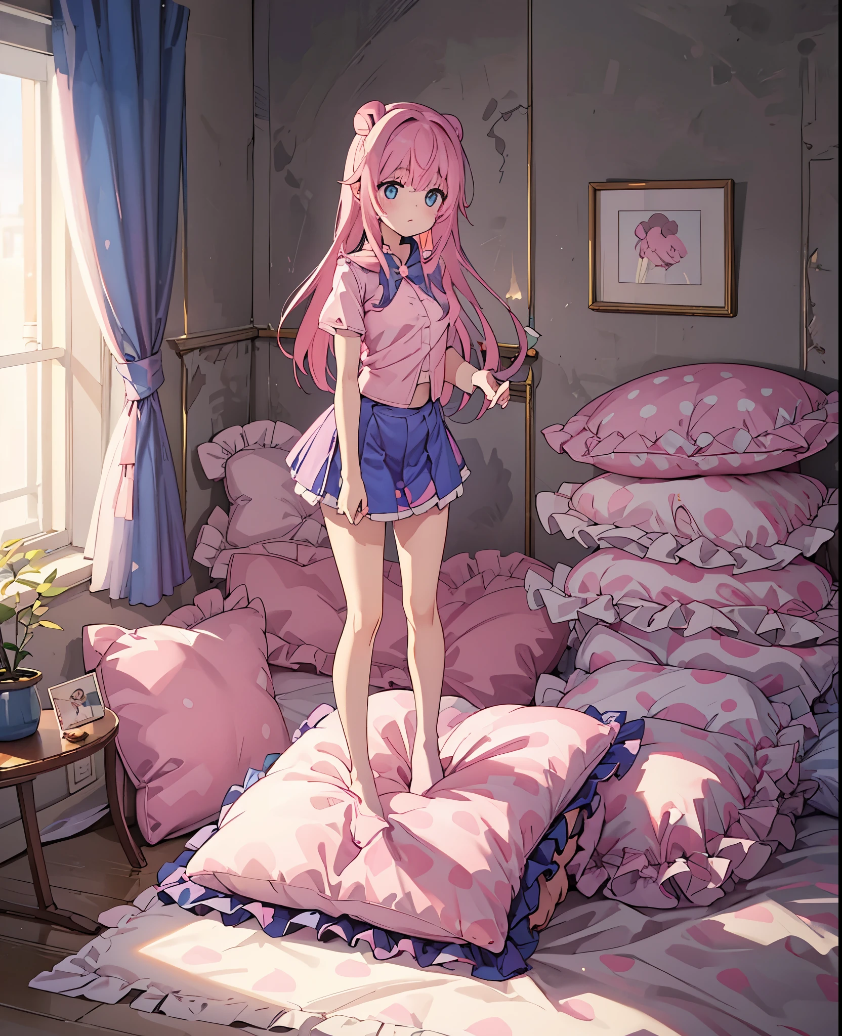 （best quality， masterpiece），full body, 1 girl, solo, mine ,nsfw, details, (Light and shadow oxtail , Cute girl posing on pillow ，standing on pillow，，（pillow), large pillow, (((colorful))), color correction, pink hair, frilled pillow,pink pillow, (((pink polkadot pillow))), (((blue uniform))), (((white skirt))), stocking, brown shoes, hugging pillow, 1 pillow