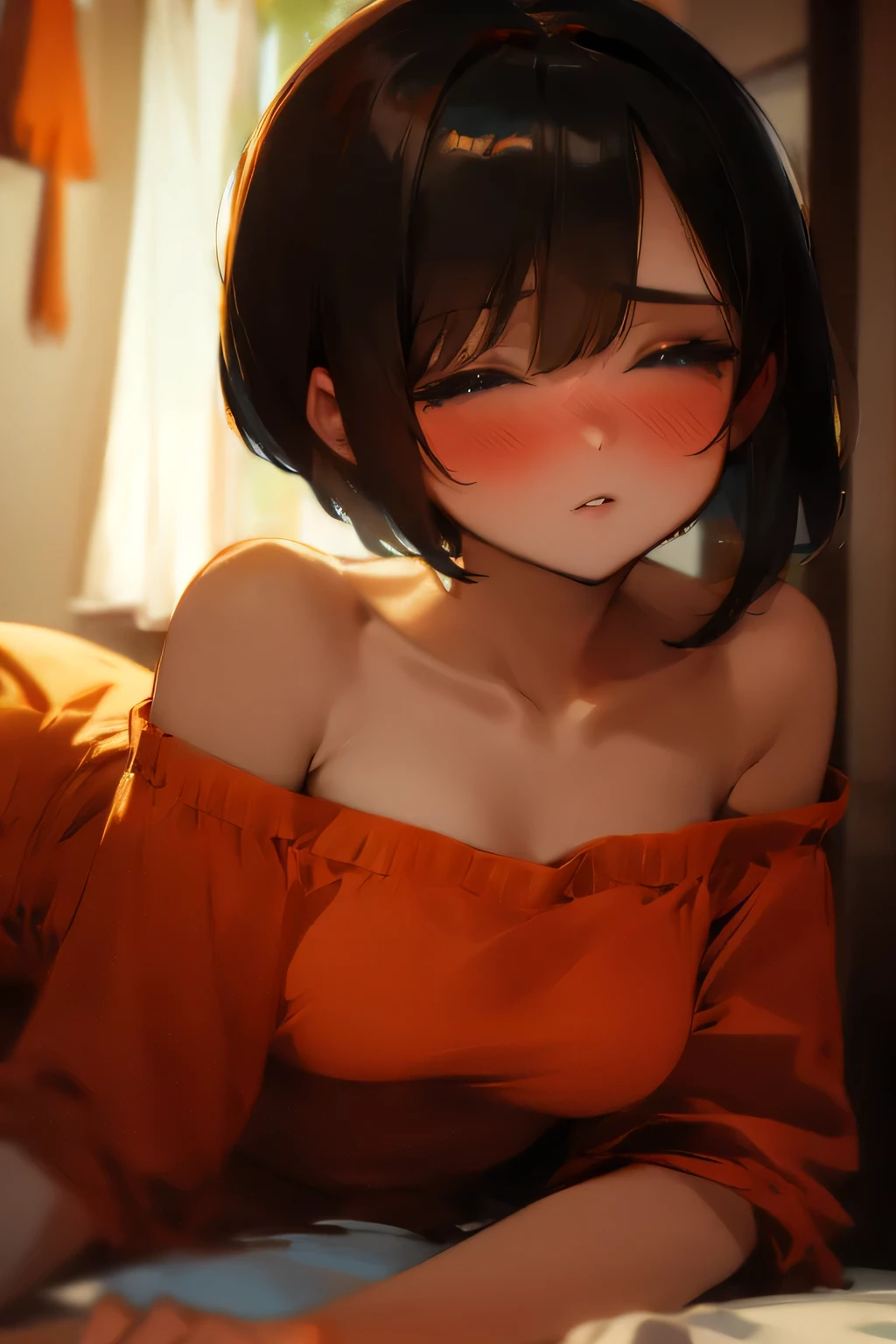 Amazing portrait of a sexy and cute girl with a short bob hairstyle and a seductive gaze who is blushing intensely with parted lips and is desperate and flustered and lustful wearing an off shoulder orange t shirt showcasing her bare shoulder while lying on bed