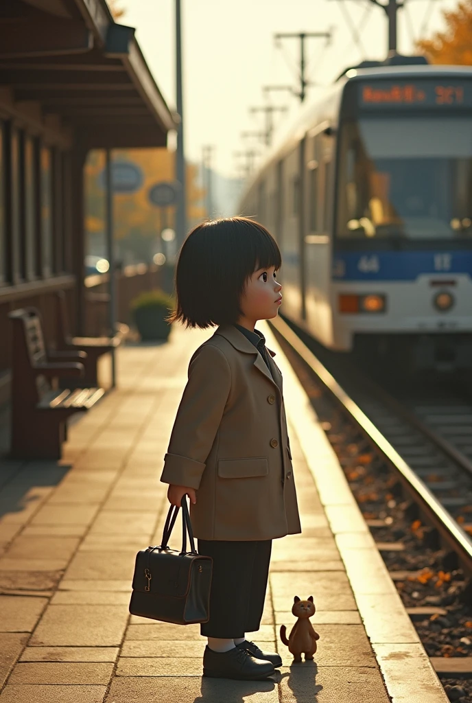 35mm lens,Multiple angles,Countryside scenery,Suburban,Back,side,silhouette,Overhead shot,Cat,Standing,doll,Carrying a small school bag,tram,Hokkaido,Autumn Station,Wooden house,Platform, cloak,Ruan Jia,Suit,tie, (Delicate face), (Fine fluffy fur),(35mm Cinema Lens),(Multi-angle shooting),(many viewing angles)