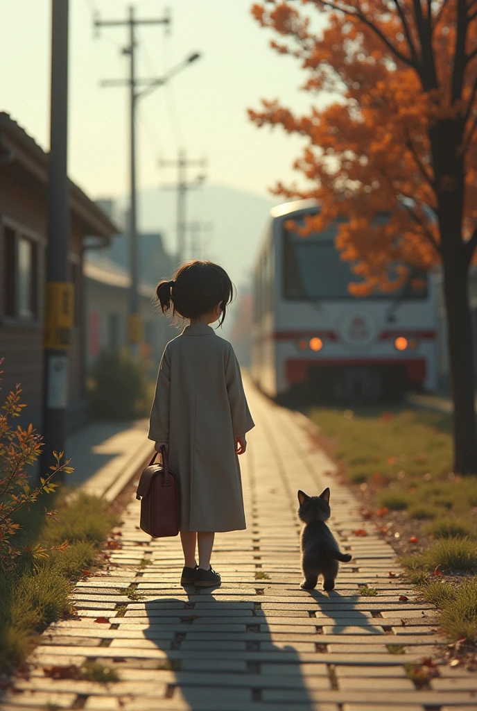 35mm lens,Multiple angles,Countryside scenery,Suburban,Back,side,silhouette,Overhead shot,Cat,Standing,doll,Carrying a small school bag,tram,Hokkaido,Autumn Station,Wooden house,Platform, cloak,Ruan Jia,Suit,tie, (Delicate face), (Fine fluffy fur),(35mm Cinema Lens),(Multi-angle shooting),(many viewing angles)