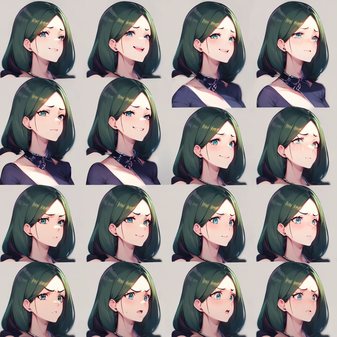 1woman,right three-quarter view,grey background,close-up,face expression sheet,same person,9 face expressions,grid,facing viewer,looking at viewer,smile,laughing,crying,tired,sly smirk,shy,grumpy, surprised,terrified,turquoise shirt,best quality,masterpiece,highly detailed,super detailed,short hair,zun,zundamon,green hair,