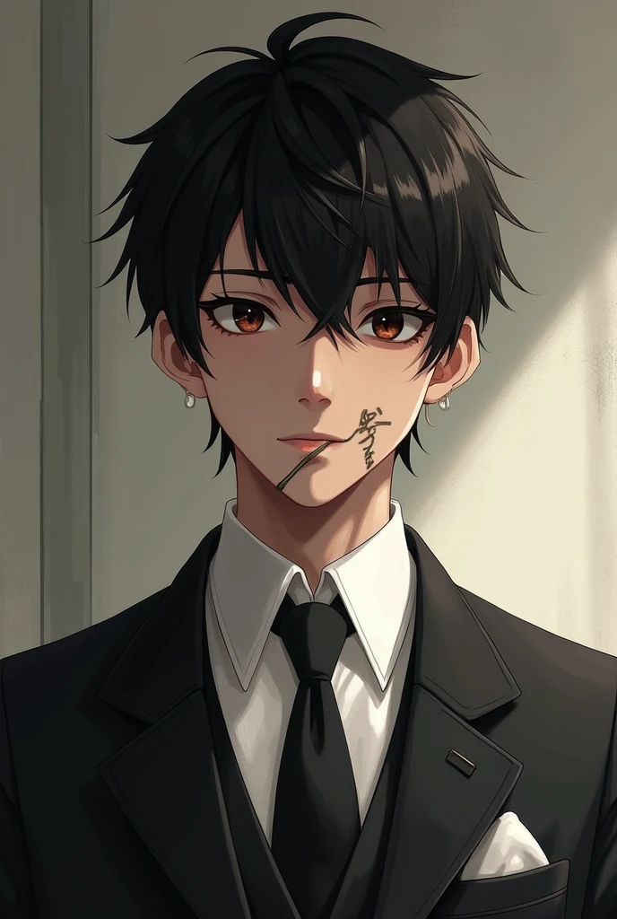 Boy in wedding clothes black hair dark brown eyes sword-cut sicatris coming from the jaw to near the right eye