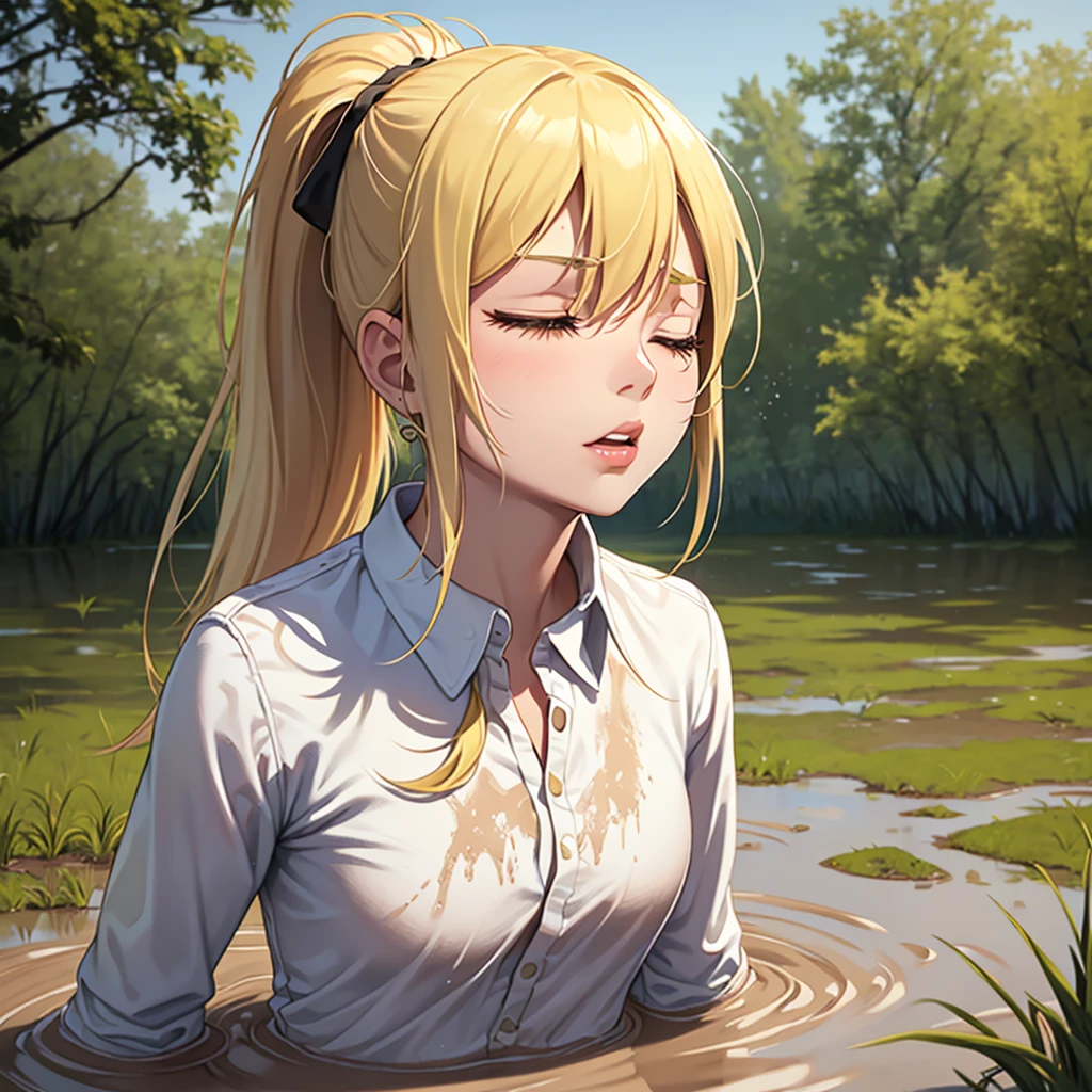 Solo girl, sweet blonde girl, 1 girl, muddy, dirty, ponytail hair, drowning in quicksand, mud, swamp, bog, grass, trees, white blouse, red miniskirt, (orgasm:1.5), (looking up:1.3), (eyes closed:1.4), from the torso up, (from side:1.4)