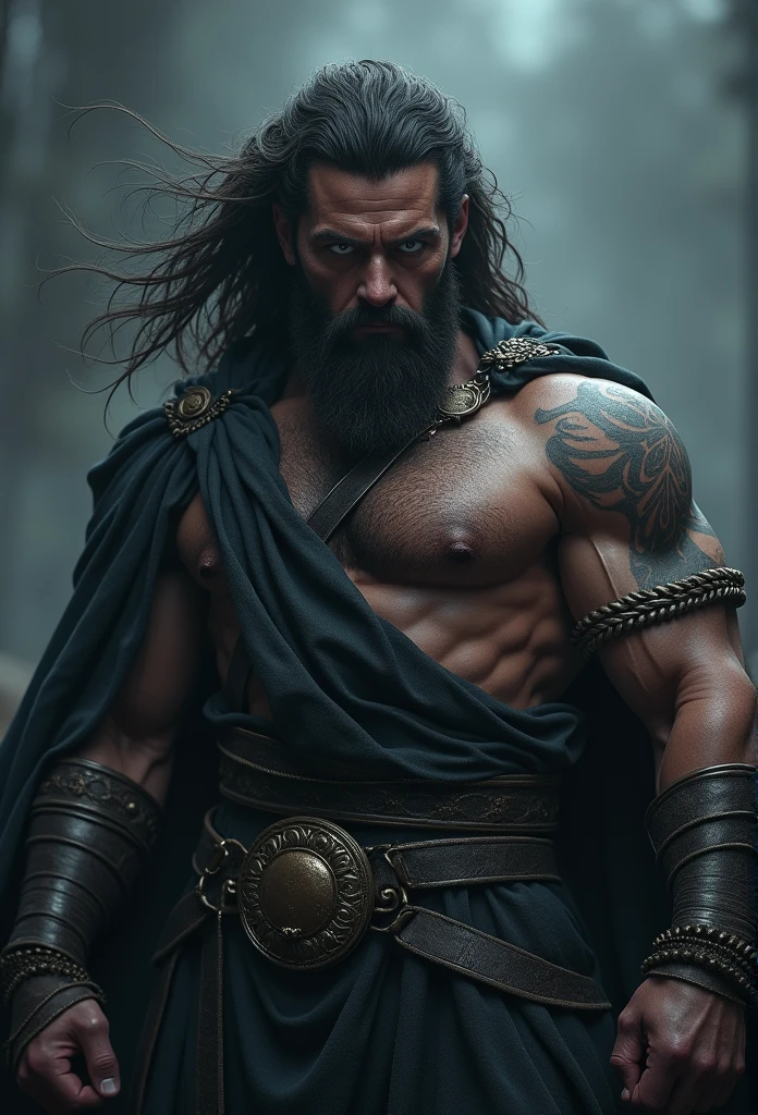 Ultra details, high resolution, realistic : 1.37, hades, god of greek mythology, bearded, Muscle, powerful, dark sky, atmosphère sombre, Hades.