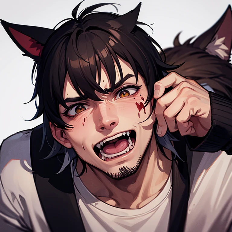 A middle aged man with bloody face cat ears and fangs