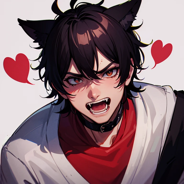 A middle aged man with bloody face cat ears and fangs