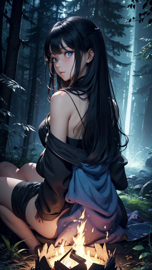 ((Panorama, center, masterpiece, Highest quality: 1.2))、 (8k, RAW Photos, Highest quality), ((masterpiece:1.2)), Ultra-high resolution, アニメアート壁紙 8k、Super detailed: 1.2、Deep writing depth: 1.2、 (1 girl、Back view), Deep in the forest、When dusk approaches、The girl was sitting alone in front of the fire。Her name is Aria、Long black hair blowing in the wind、Clear blue eyes staring into the flames of the bonfire。Aria puts on her old cloak、I hugged my knees and soaked in the warmth of the fire。Silence spreads in the darkness of the night、With only the crackling of the bonfire echoing,、She gazed at the stars, pondering legends from long ago.。The blue light of the bonfire、It was as if I was summoning the mysterious beings lurking quietly in the depths of the forest.。