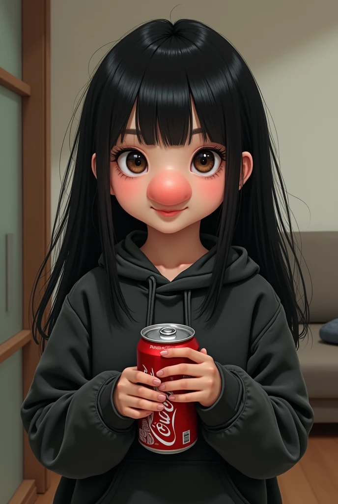 A fat pig-nosed girl with long straight black hair wearing a faded black hoodie holding a cola