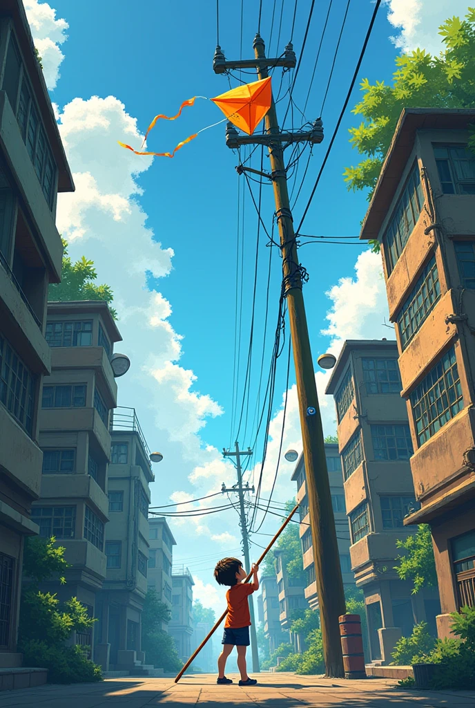 Your kite is stuck on an electric pole. You are trying to remove it with a long stick. While you are removing a kite, you can see interesting bottom view of buildings, trees, light poles etc. Draw this scene by using 3 point perspective.