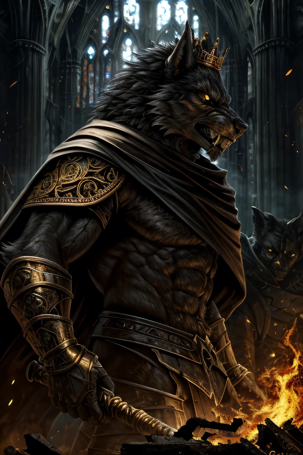 (One Muscular male furry wolf, grey fur) clothing=(medieval mercenary attire, Gold fangs, gold metal bracers+gold ornaments+black greaves+Yellow eyes+crown of twisted metal and bone+Dark old wrinkled maroon cape), Place=(Old Rome, Midnight, dramatic, lighting in his face, in the dark,dark, creepy, twisted, burning cathedral)+Epic pose+Dirty and chipped armor, sideview),
Create a high-resolution digital painting fearsome werewolf within a ruined, burning cathedral. The werewolf is clad in dark, battle-worn armor, wearing a crown of twisted metal and bone. He grips a large, ornate scepter in one hand, his snarling face illuminated by the intense flames engulfing the scene The background features the crumbling arches and shattered stained glass windows of the cathedral, all consumed by fire. The overall atmosphere is dark, chaotic, and apocalyptic, with vivid details of the burning inferno and the powerful, intimidating presence of the werewolf, heavy use of dramatic lighting and bold contrasts to highlight the menacing features of the subjects,combine elements of horror, medieval fantasy, and dark mythos to create a vivid, immersive image.