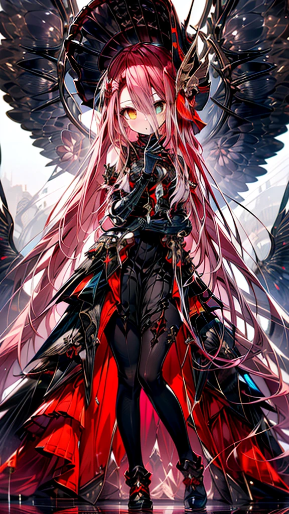 (full body),TYPHON,1girl,yellow eyes,Redee,独奏,very long hair,black dress,blush,elbow gloves,bare shoulders,heterochromia,black sclera,gauntlets,(masterpiece), (Highest quality), High resolution, Intricate details,