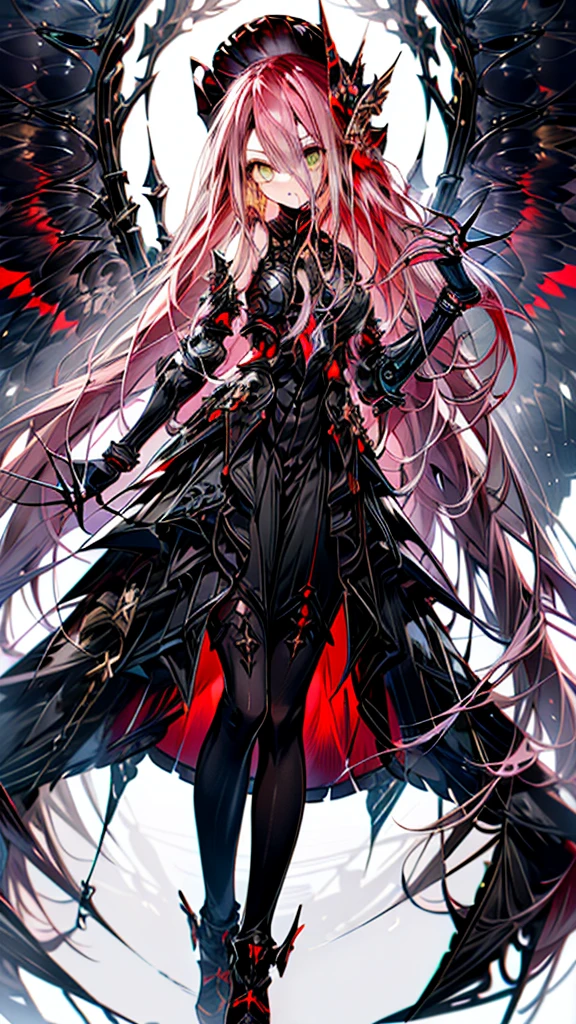 (full body),TYPHON,1girl,yellow eyes,Redee,独奏,very long hair,black dress,blush,elbow gloves,bare shoulders,heterochromia,black sclera,gauntlets,(masterpiece), (Highest quality), High resolution, Intricate details,