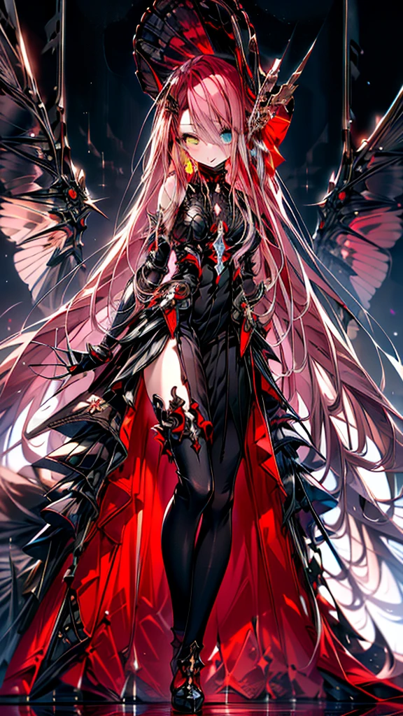 (full body),TYPHON,1girl,yellow eyes,Redee,独奏,very long hair,black dress,blush,elbow gloves,bare shoulders,heterochromia,black sclera,gauntlets,(masterpiece), (Highest quality), High resolution, Intricate details,