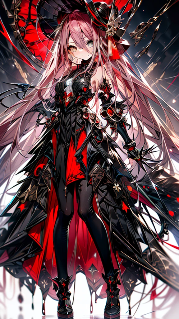 (full body),TYPHON,1girl,yellow eyes,Redee,独奏,very long hair,black dress,blush,elbow gloves,bare shoulders,heterochromia,black sclera,gauntlets,(masterpiece), (Highest quality), High resolution, Intricate details,
