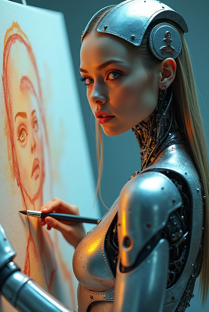 A cyborg girl stands in the center of a large bright studio and is engaged in creating her self-portrait on canvas. She is depicted in all her majestic beauty and elegance. Her metallic skin reflects the light, creating a play of hues and highlights like an expensive piece of jewelry. Her long metal hair frames her face, giving her a mysterious and alluring look. Her bright eyes, in which light shimmers, stare straight ahead with confidence and the strain of creative inspiration. The cyborg girl is depicted in a graceful pose, showing off her grace and strength as well as the fine workings of her mechanical limbs. Her hands hold brushes and are immersed in the creative process of creating a stunning work of art. The outline of the self-portrait she is creating with oil paints is already outlined on the canvas. The drawing begins to come to life under her dexterous fingers, gaining depth and volume, and the coating of color fills the canvas with bright hues and rich colors. This entire moment is captured in a gorgeous and amazing scenario that combines the beauty of art, power and technological advancement to make the cyborg girl a unique and inspiring image.