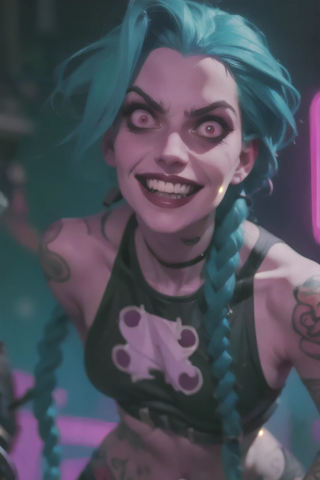 Close-up face, Hyper realistic super detailed Jinx cosplay ,(( Young girl, 15 years old)) , Very detailed, (hyper realistic: 1.4), in dynamic pose, angry face, twin braids, long hair, blue hair, red eyes, tattooed, ((skinny body)) , ((psycho face, creppy smiling )), arcane style. ((Grunge Neon grafitti background, cinematic lighting)).