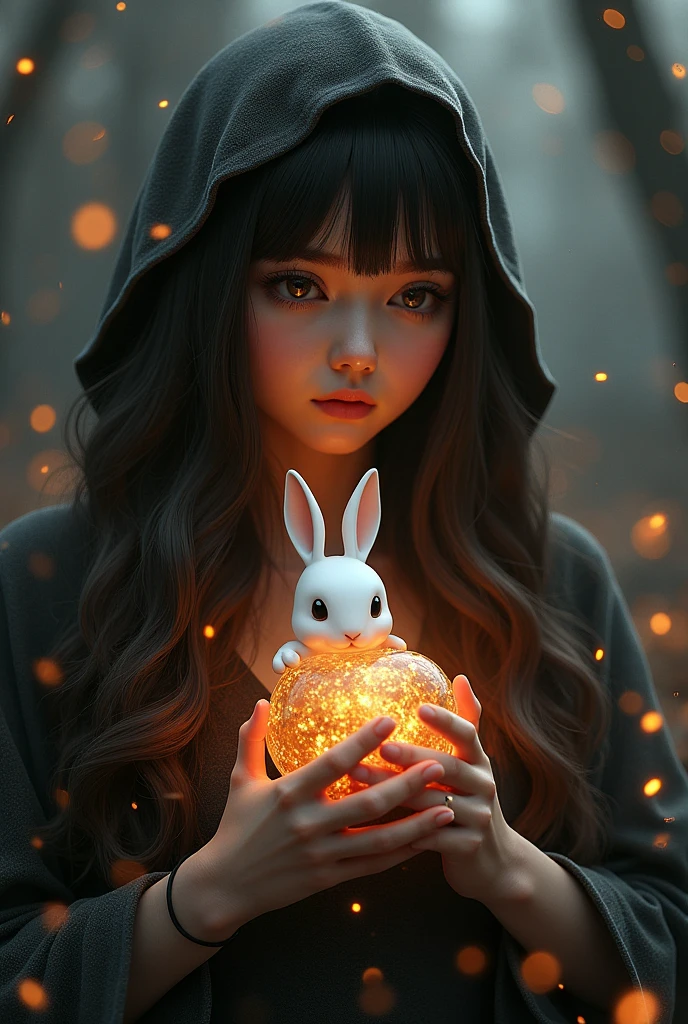awesome reflections, autumn style,Best reflections. (Very Detailed CG unity wallpaper 8k), (Best Quality), (best illustrations), (best shadows), (night gloomy background, Gloomy and hopeless, dark dramatic lighting, vignette), realistic eyes, beautiful face, 1A girl with a perfect body, with a white rabbit in his hands, with long, straight hair, Generous neckline, She wears a veil with a hood on her head, ((perfect anatomy)), Gothic, burnt orange gradient, surrounded by tender leaves and branches, with fireflies and glowing particle effects, (natural elements), (leaves), (small firewood), (Fireflies), butterflies, (Tender leaves), (glow), (particle fx). , Fantasy Art, bokeh, Octane rendering, ray tracing, Overdetailing. terror, Fantastic, creepy, Scarimok a feeling of sophistication and tranquility.. The overall aesthetic should be elegant and stylish.., making it suitable for branding and logos..