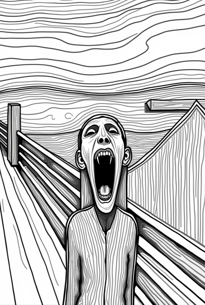 create a black and white pictures of  the scream famous painting creted by tini geometric for coloring book, 