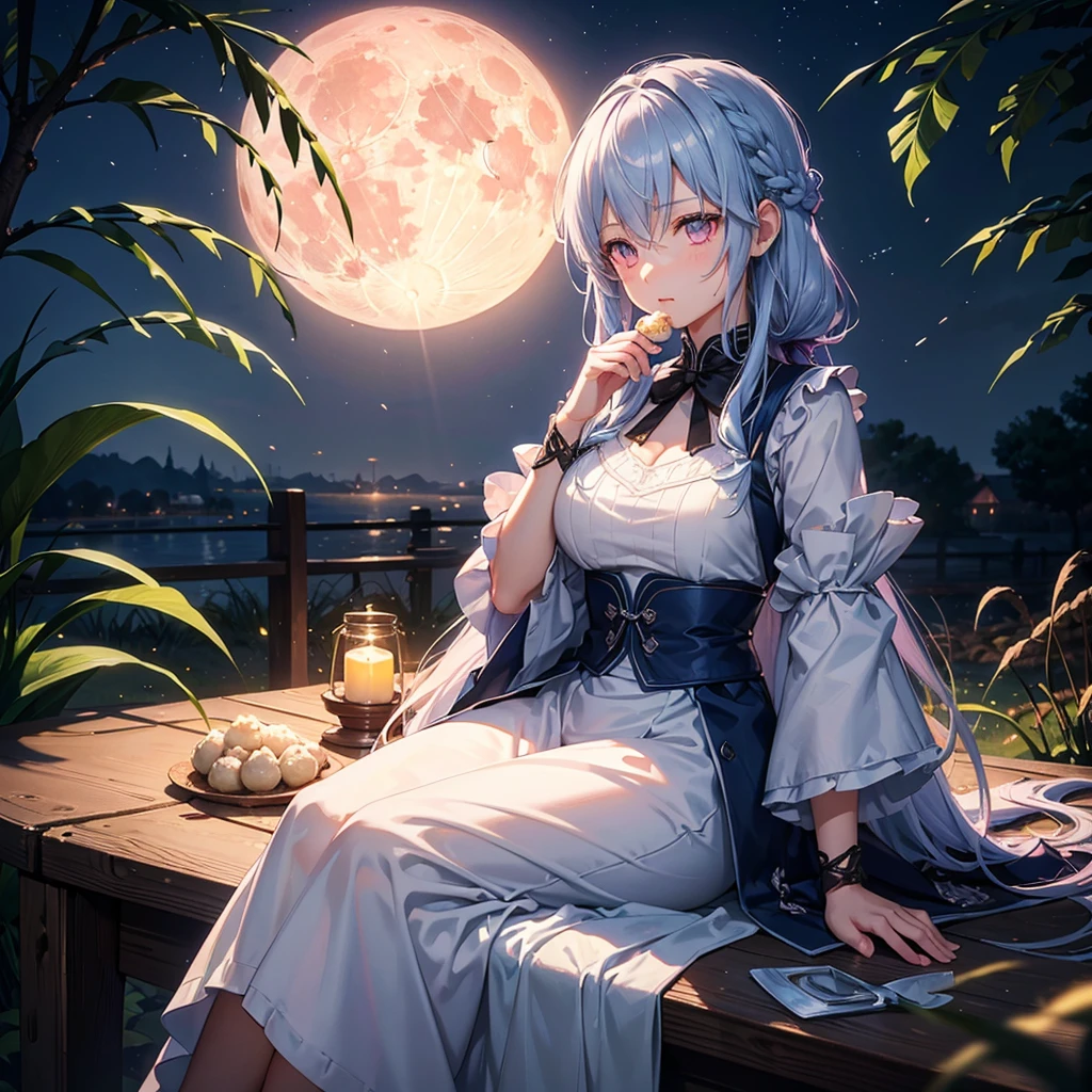 (Sky blue braided medium length hair), (Pink eyes),(Fair skin)  ,(whole body),(One Girl),(harvest moon),(A large amount of Miscanthus sinensis in the background),(full moon),(masterpiece, Highest quality, Very detailed, Best Shadow), (Detailed Background), (Beautifully detailed face), High Contrast, (Best lighting, Very delicate and beautiful), ((Cinematic Light)), Hyper Detail,8k, Dramatic Light, Intricate details,(sitting down to eat rice dumplings)