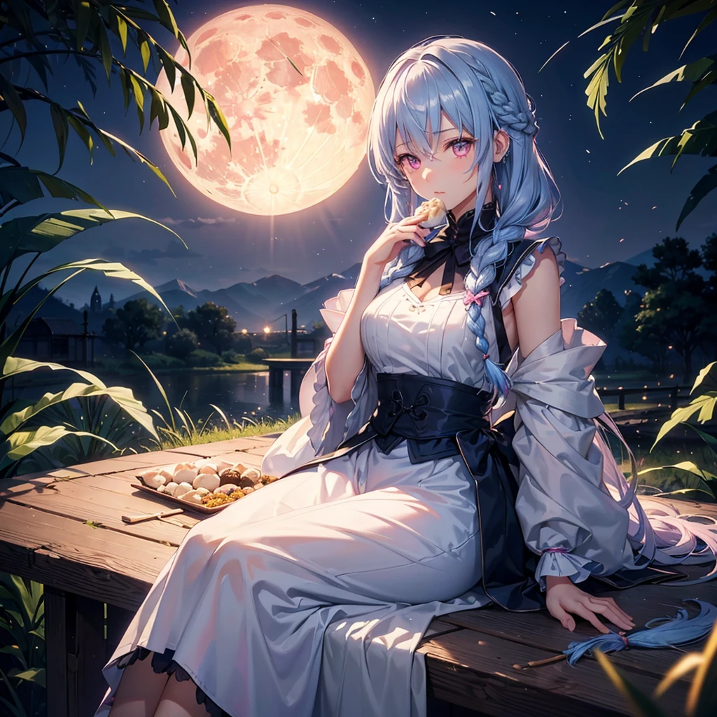 (Sky blue braided medium length hair), (Pink eyes),(Fair skin) ,(whole body),(One Girl),(harvest moon),(A large amount of Miscanthus sinensis in the background),(full moon),(masterpiece, Highest quality, Very detailed, Best Shadow), (Detailed Background), (Beautifully detailed face), High Contrast, (Best lighting, Very delicate and beautiful), ((Cinematic Light)), Hyper Detail,8k, Dramatic Light, Intricate details,(sitting down to eat rice dumplings)