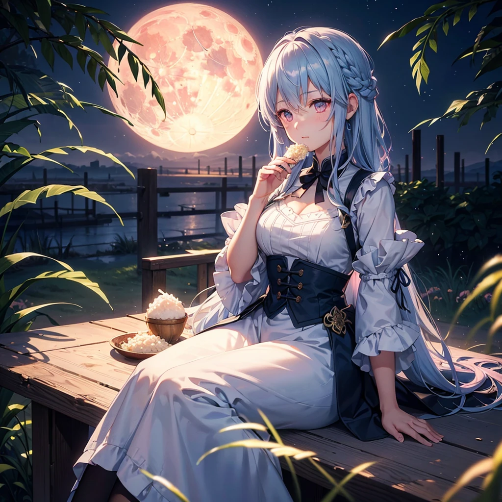 (Sky blue braided medium length hair), (Pink eyes),(Fair skin)  ,(whole body),(One Girl),(harvest moon),(A large amount of Miscanthus sinensis in the background),(full moon),(masterpiece, Highest quality, Very detailed, Best Shadow), (Detailed Background), (Beautifully detailed face), High Contrast, (Best lighting, Very delicate and beautiful), ((Cinematic Light)), Hyper Detail,8k, Dramatic Light, Intricate details,(sitting down to eat rice dumplings)