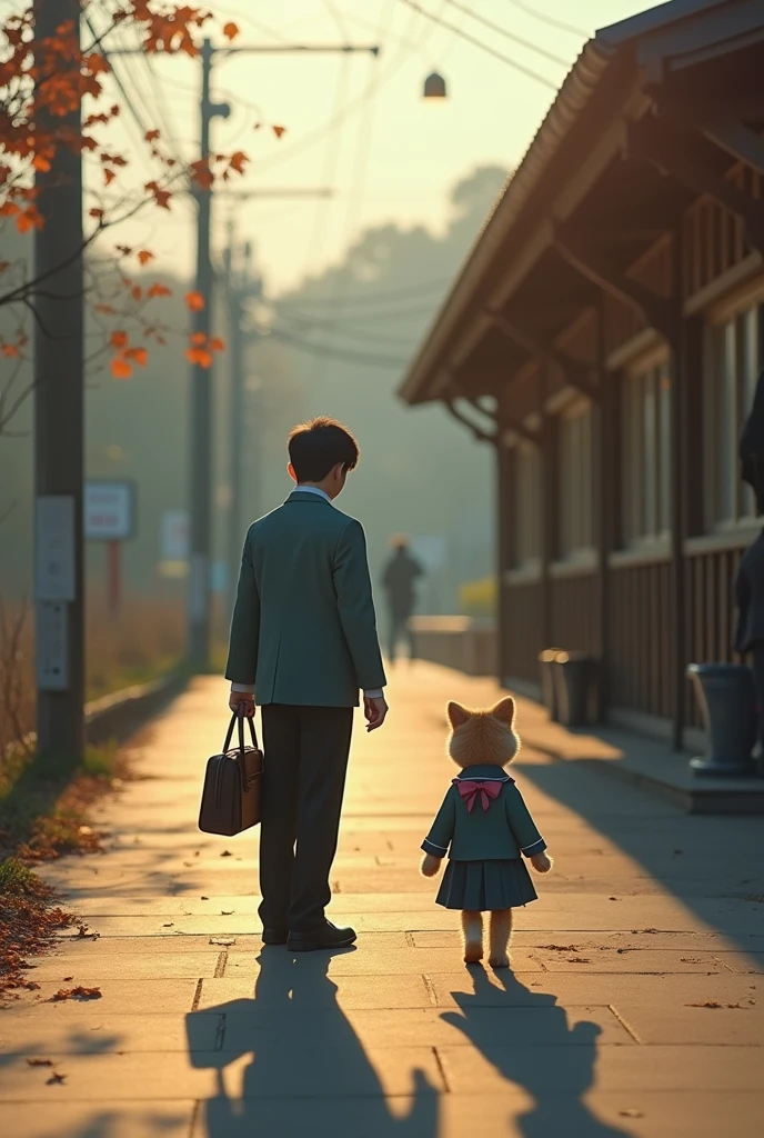 35mm lens,Multiple angles,Countryside scenery,Suburban,Back,side,silhouette,Overhead shot,Cat,Standing,doll,Carrying a small school bag,tram,Hokkaido,Autumn Station,Wooden house,Platform, cloak,Ruan Jia,Suit,tie, (Delicate face), (Fine fluffy fur),(35mm Cinema Lens),(Multi-angle shooting),(many viewing angles)