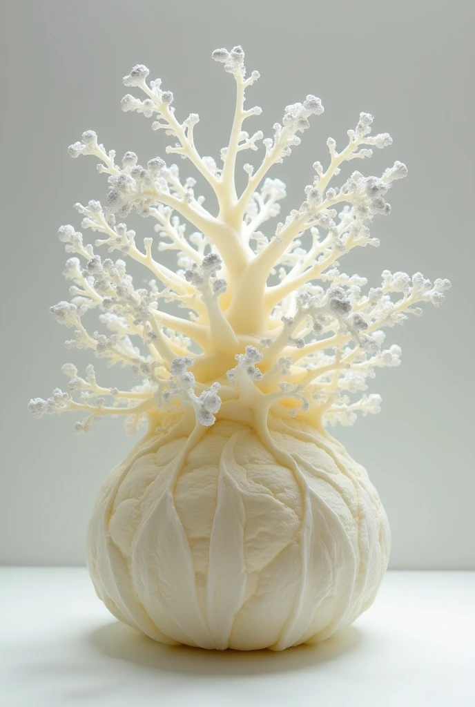 "Create an image of a cornstarch model that represents the supportive structure of a cabbage. The model should have a central core with thin, rigid cornstarch elements extending outward from the core in a layered, branching pattern, similar to the internal support system of a cabbage."