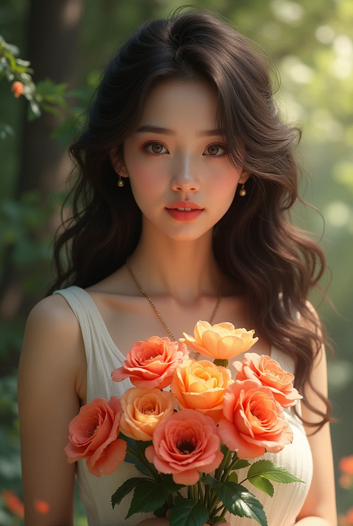 A so beautiful wife with flowers at hand