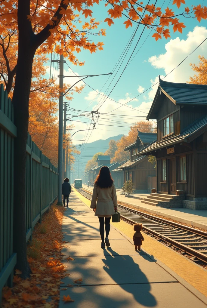35mm lens,Multiple angles,Countryside scenery,Suburban,Back,side,silhouette,Overhead shot,Cat,Standing,doll,Carrying a small school bag,tram,Hokkaido,Autumn Station,Wooden house,Platform, cloak,Ruan Jia,Suit,tie, (Delicate face), (Fine fluffy fur),(35mm Cinema Lens),(Multi-angle shooting),(many viewing angles)