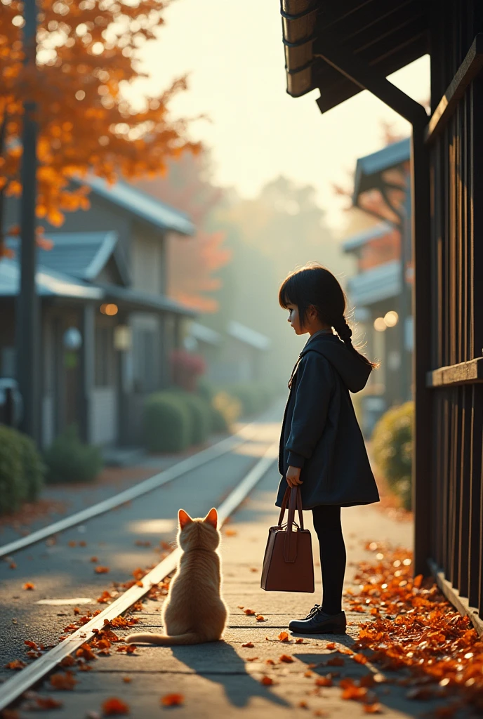 35mm lens，Multiple angles，Countryside scenery，Suburban，Back，side，silhouette，Overhead shot，Cat，Standing，doll，Carrying a small school bag，tram，Hokkaido，Autumn Station，Wooden house，Platform， cloak,Ruan Jia,Suit,tie, (Delicate face), (Fine fluffy fur)，（35mm Cinema Lens），（Multi-angle shooting），（many viewing angles）
