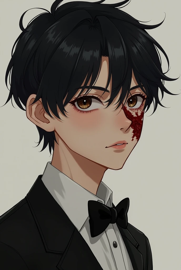 Boy with wedding clothes black hair dark brown eyes sword-cut sicatris coming from the corner of the jaw to near the right eye