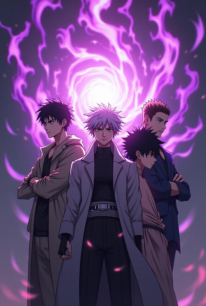 Levi gojo zenitsu Itachi kira in one frame with purple flame