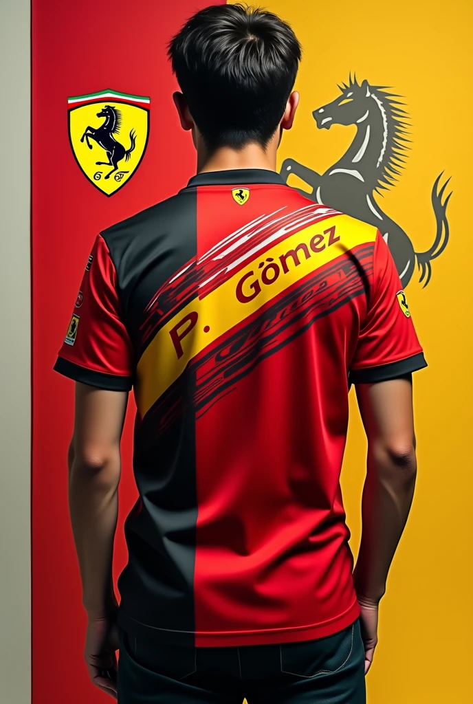 T-shirt with a collar like Ferrari's in red colors, yellow, black and white with a stallion logo on the back and just above the logo says P. Gómez with Ferrari typography