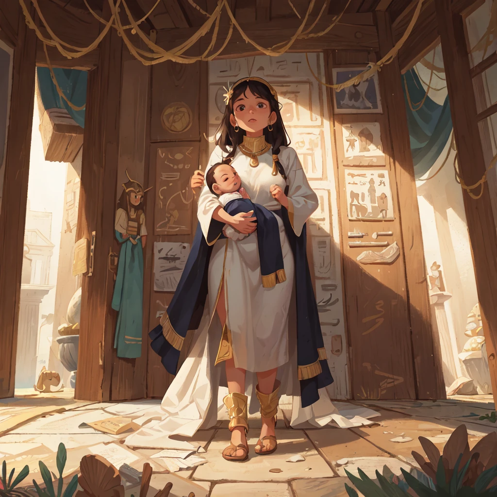 [Core Concept] A scene from ancient Egypt, depicting a Hebrew mother holding her newborn baby.

[Character Description] The Hebrew mother is shown cradling her newborn , her expression a blend of tenderness and resilience. She is dressed in the traditional garments of the time, with a long, flowing robe and a headdress that partially obscures her face, symbolizing her cultural identity.

[Environment/Background] The scene is set against the backdrop of ancient Egypt, with the distinctive architecture and architectural elements of the era visible in the distance, such as grand temples, obelisks, and the iconic pyramids.

[Style and Atmosphere] The overall atmosphere is one of reverence and historical significance, capturing the timeless essence of this moment in the lives of the Hebrew people within the broader context of ancient Egyptian civilization.

[Composition] The composition places the mother and child at the center, with the surrounding environment subtly framing and accentuating the intimate, tender moment they share.

[Details and Embellishments] The intricate details of the mother's garments, the newborn's swaddling, and the architectural elements in the background all contribute to the sense of authenticity and historical accuracy.

[Technical Specifications] The scene is rendered in a realistic, high-resolution style, with a focus on capturing the nuances of light, shadow, and texture to create a vivid and immersive visual experience.