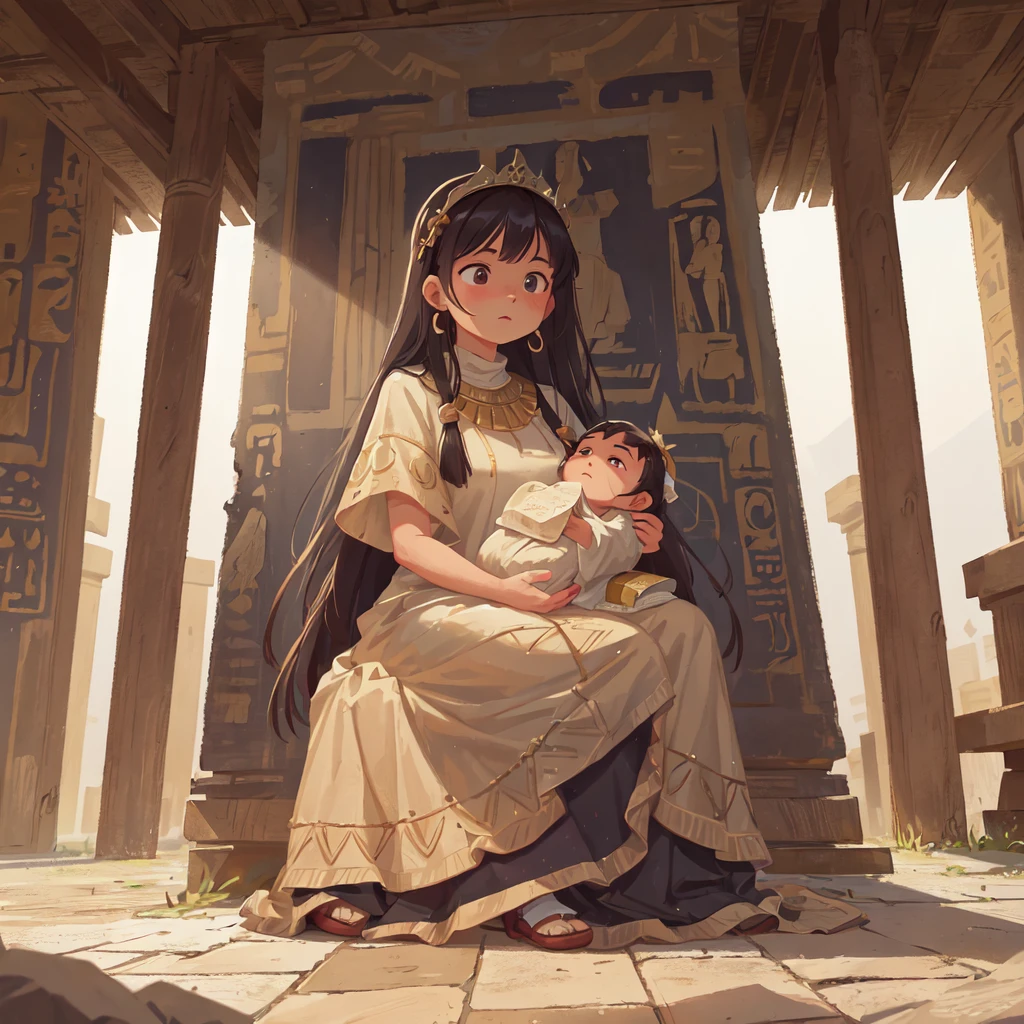 [Core Concept] A scene from ancient Egypt, depicting a Hebrew mother holding her newborn baby.

[Character Description] The Hebrew mother is shown cradling her newborn , her expression a blend of tenderness and resilience. She is dressed in the traditional garments of the time, with a long, flowing robe and a headdress that partially obscures her face, symbolizing her cultural identity.

[Environment/Background] The scene is set against the backdrop of ancient Egypt, with the distinctive architecture and architectural elements of the era visible in the distance, such as grand temples, obelisks, and the iconic pyramids.

[Style and Atmosphere] The overall atmosphere is one of reverence and historical significance, capturing the timeless essence of this moment in the lives of the Hebrew people within the broader context of ancient Egyptian civilization.

[Composition] The composition places the mother and child at the center, with the surrounding environment subtly framing and accentuating the intimate, tender moment they share.

[Details and Embellishments] The intricate details of the mother's garments, the newborn's swaddling, and the architectural elements in the background all contribute to the sense of authenticity and historical accuracy.

[Technical Specifications] The scene is rendered in a realistic, high-resolution style, with a focus on capturing the nuances of light, shadow, and texture to create a vivid and immersive visual experience.