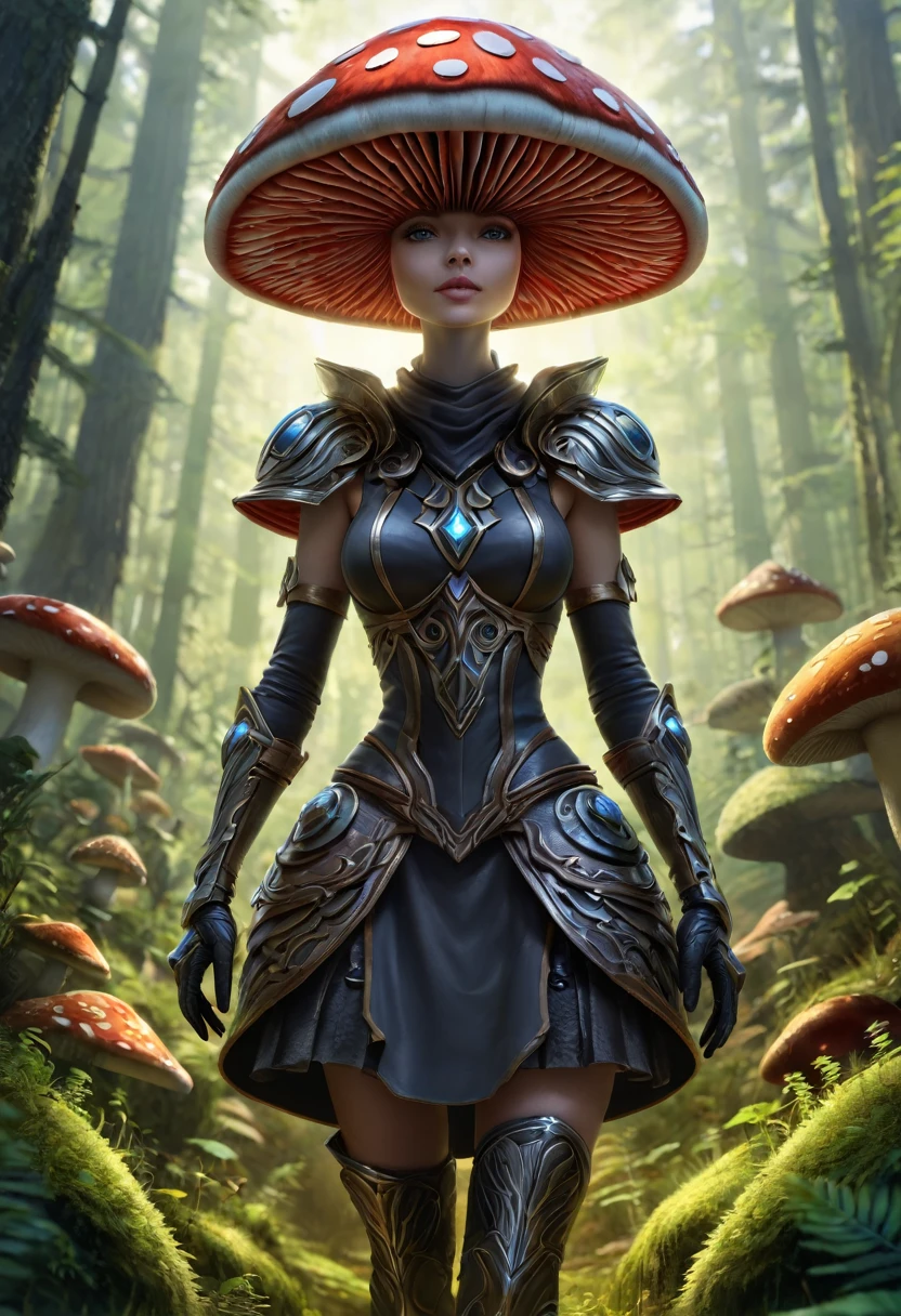 Anthropomorphic humanoid mushroom. Official Art – Charecter profile. An Award-Winning Digital Masterpiece In 4K Ultra HD, Extreme Detail And Intricate Realism. Symmetrical Face. This Concept Art Brought To Life By The Hands Of Artists Like Wlop & Artgerm In A Stunning 2D Vector Illustration.Background Is A Panoramic Vista.
