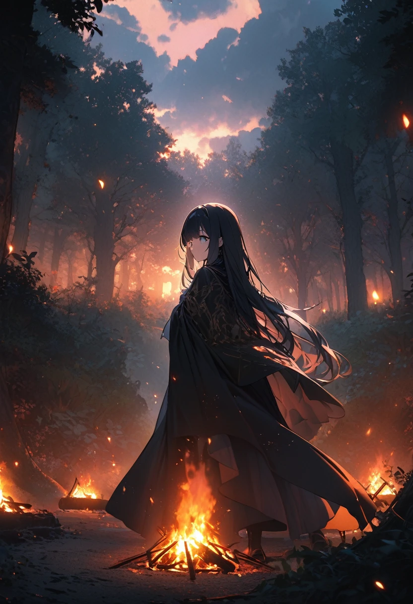 ((Panorama, center, masterpiece, Highest quality: 1.2))、 (8k, RAW Photos, Highest quality), ((masterpiece:1.2)), Ultra-high resolution, アニメアート壁紙 8k、Super detailed: 1.2、Deep writing depth: 1.2、 (1 girl、Back view), Deep in the forest、When dusk approaches、The girl was sitting alone in front of the fire。Her name is Aria、Long black hair blowing in the wind、Clear blue eyes staring into the flames of the bonfire。Aria puts on her old cloak、I hugged my knees and soaked in the warmth of the fire。Silence spreads in the darkness of the night、With only the crackling of the bonfire echoing,、She gazed at the stars, pondering legends from long ago.。The blue light of the bonfire、It was as if I was summoning the mysterious beings lurking quietly in the depths of the forest.。