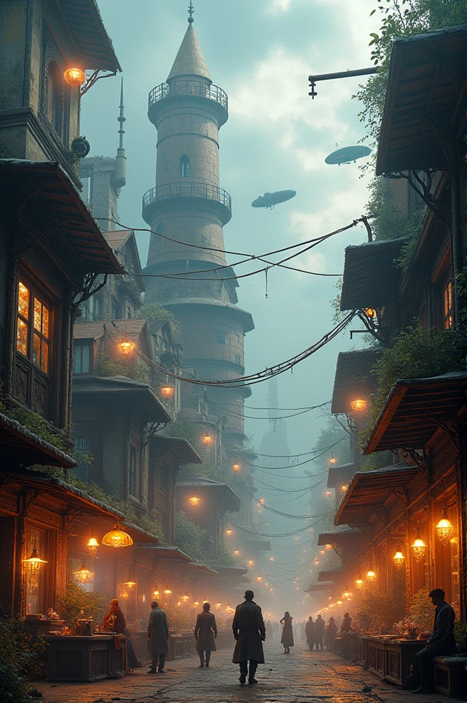 A colorful sky city,Sparkling metal,Mechanical gears,dim lantern,industrial machinery,Steam-powered spacecraft,Victorian architecture,Overgrown vines and plants,magical ruins,Thick clouds hover above,Steam vortex,crumbling buildings,Evoke memories of a bygone era,Airships soar through the air,Mystical Artifacts,Reflective goggles,Rough cobblestone streets,Starry Night Sky,mystical aura,Unforgettable scenery,Rusty metal structure,Signs of weathering,The bright colors contrast with the decaying environment,Exposed pipes,Sparks of magic spells,The bustling bazaar is bustling,Mechanical limbs and gadgets,Magic crystals that light up darkness,Hot teapot and cup,Lively energy mixed with a sense of melancholy. In india 